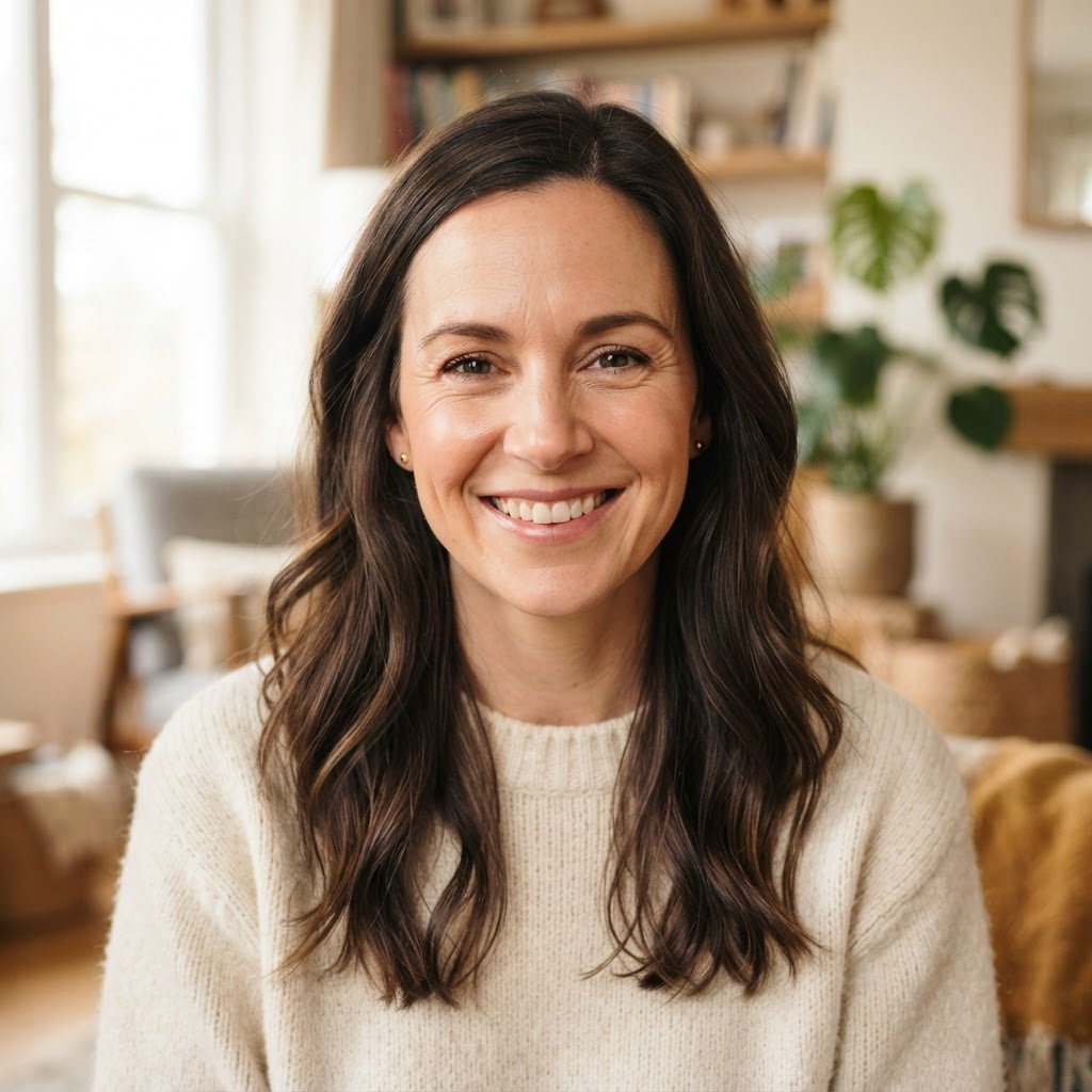 Smiling woman in her thirties with long dark hair in a cream sweater