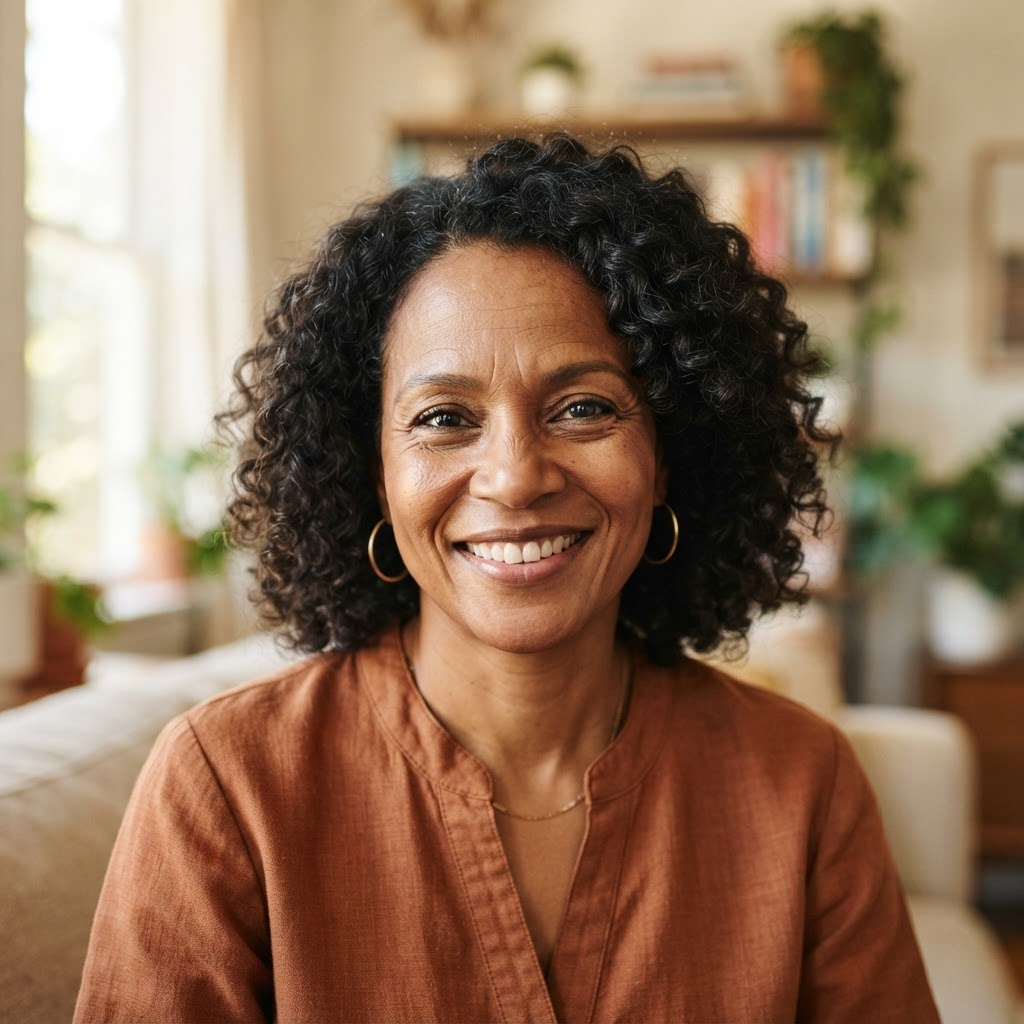 Smiling Black woman in her forties with shoulder-length curls