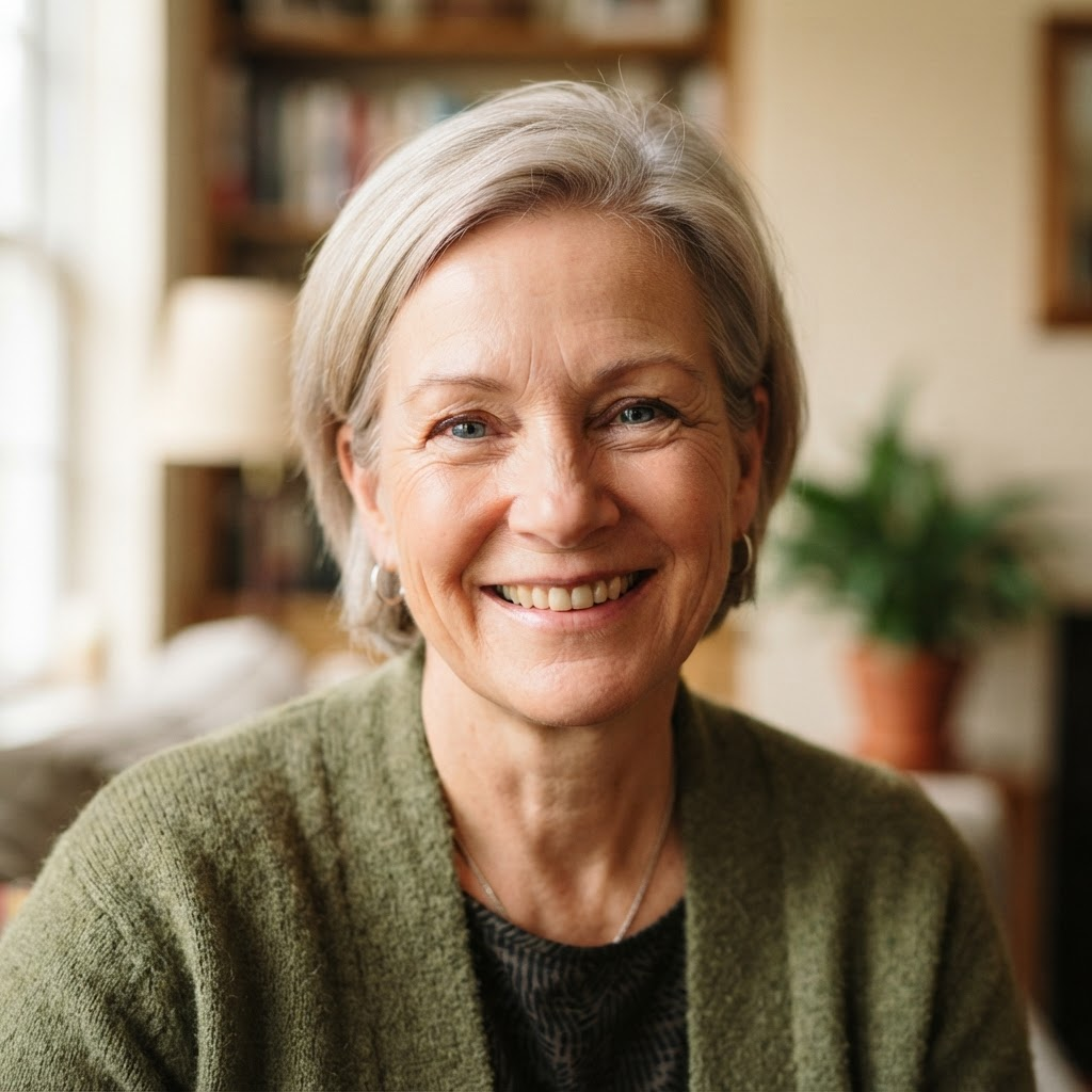 Smiling white woman in her fifties with short silver-blonde hair